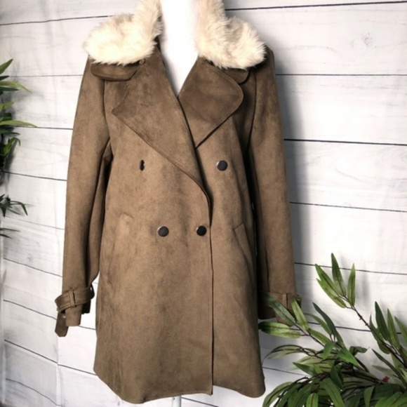Olive Faux Suede Jacket w/Detachable Fur Collar - Picture 2 of 6